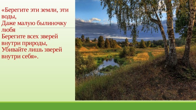 «Берегите эти земли, эти воды,  Даже малую былиночку любя  Берегите всех зверей внутри природы, Убивайте лишь зверей внутри себя». 