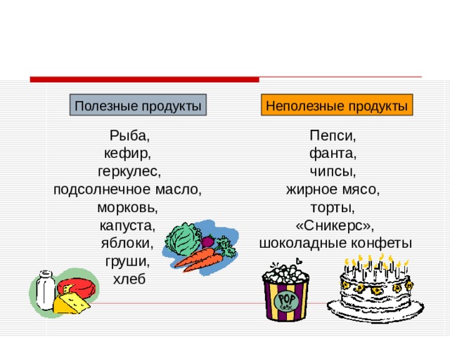 Полезные продукты Неполезные продукты Рыба, кефир, геркулес, подсолнечное масло, морковь, капуста, яблоки, груши, хлеб Пепси, фанта, чипсы, жирное мясо, торты, «Сникерс», шоколадные конфеты 