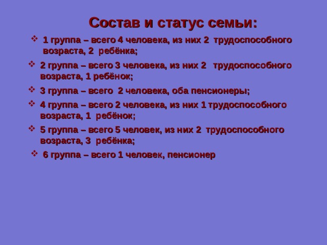 Состав и статус семьи: 1 группа – всего 4 человека, из них 2 трудоспособного возраста, 2 ребёнка; 2 группа – всего 3 человека, из них 2 трудоспособного возраста, 1 ребёнок; 3 группа – всего 2 человека, оба пенсионеры; 4 группа – всего 2 человека, из них 1 трудоспособного возраста, 1 ребёнок; 5 группа – всего 5 человек, из них 2 трудоспособного возраста, 3 ребёнка; 6 группа – всего 1 человек, пенсионер 