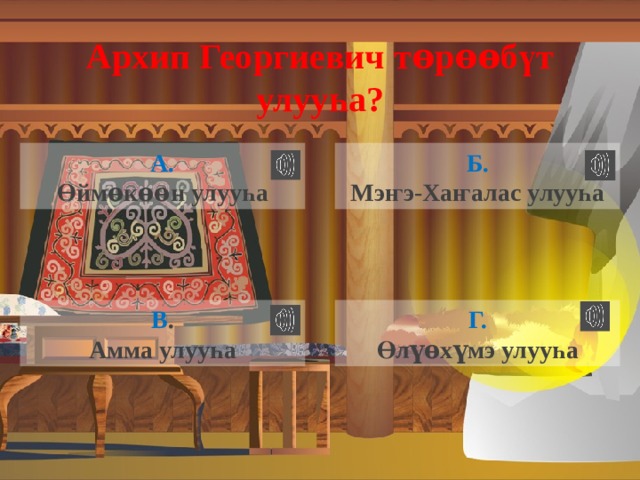 Архип Георгиевич т ѳ р ѳѳ б ү т улуу һ а? А. Б. Өйм ѳ к ѳѳ н улуу һ а Мэ ҥ э-Ха ҥ алас улуу һ а Г. В . Өл үѳ х ү мэ улуу һ а Амма улуу һ а 