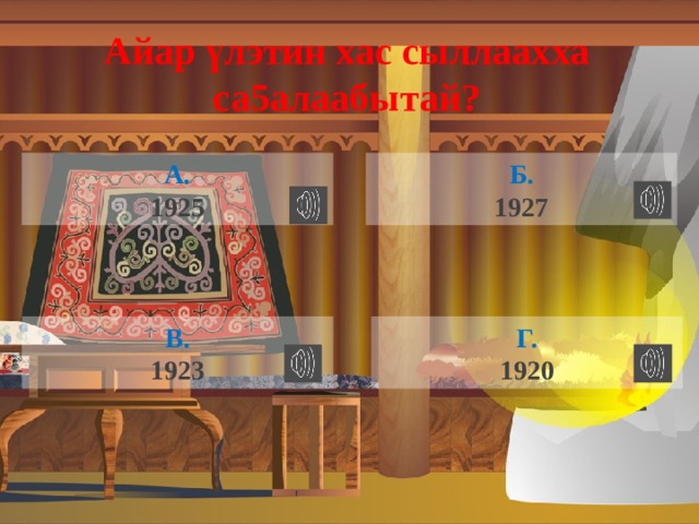 Айар үлэтин хас сыллаахха са5алаабытай? А. Б. 1925 1927 В. Г. 1923 1920 