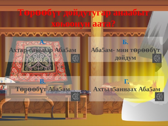 Т ѳ р ѳѳ б ү т дойдутугар анаабыт хо һ оонун аата? А. Б. Ахтар-саныыр Аба5ам Аба5ам- мин т ѳ р ѳѳ б ү т дойдум  В. Г. Т ѳ р ѳѳ б ү т Аба5ам Ахтыл5аннаах Аба5ам   