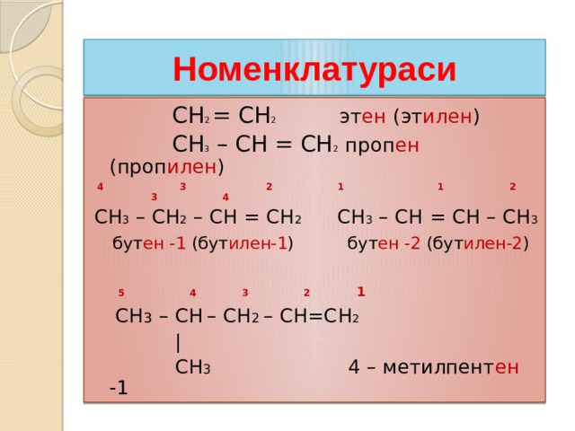 Номенклатураси  СН 2 = СН 2  эт ен (эт илен )  СН 3 – СН = СН 2  проп ен (проп илен )  4 3 2 1 1 2 3 4 СН 3 – СН 2 – СН = СН 2  СН 3 – СН = СН – СН 3  бут ен -1 (бут илен-1 ) бут ен -2 (бут илен-2 )  5 4 3 2 1  СН 3 – СН  – CH 2 – CH=CH 2  |  CH 3 4 – метилпент ен -1 