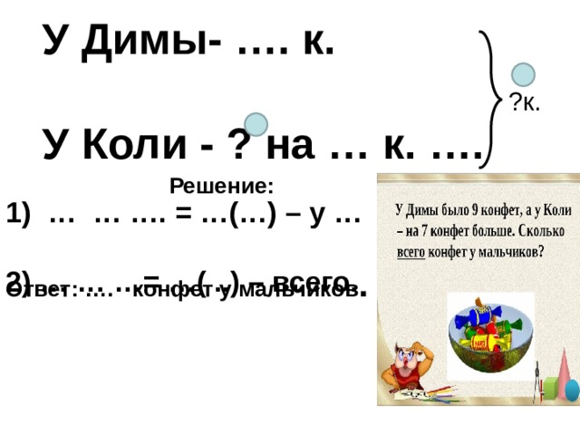 У Димы- …. к.   У Коли - ? на … к. …. ?к. Решение: 1) … … …. = …(…) – у … 2) … … …= …( ..) – всего. Ответ: …. конфет у мальчиков . 