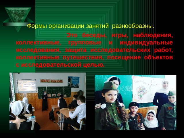      Формы организации занятий разнообразны.  Это беседы, игры, наблюдения, коллективные, групповые и индивидуальные исследования, защита исследовательских работ, коллективные путешествия, посещение объектов с исследовательской целью.  