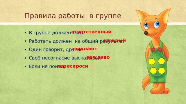 Правила работы в группе ответственный В группе должен быть Работать должен на общий результат Один говорит, другие Своё несогласие высказывай Если не понял, каждый слушают вежливо переспроси 