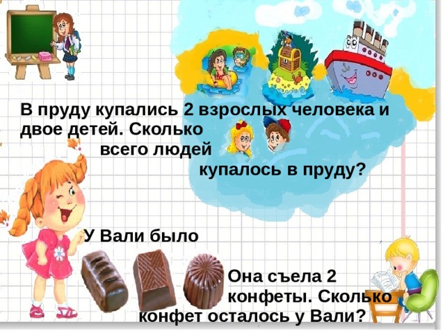 В пруду купались 2 взрослых человека и двое детей. Сколько  всего людей  купалось в пруду?  У Вали было   Она съела 2  конфеты. Сколько  конфет осталось у Вали?  4 
