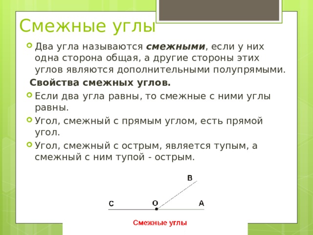 Смежные углы Два угла называются  смежными , если у них одна сторона общая, а другие стороны этих углов являются дополнительными полупрямыми.  Свойства смежных углов. Если два угла равны, то смежные с ними углы равны. Угол, смежный с прямым углом, есть прямой угол. Угол, смежный с острым, является тупым, а смежный с ним тупой - острым. 