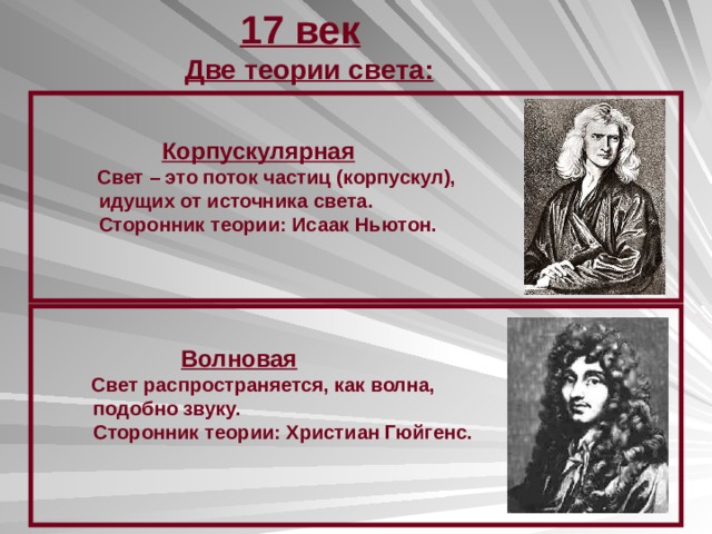  17 век Две теории света:  Корпускулярная  Свет – это поток частиц (корпускул),  идущих от источника света.  Сторонник теории: Исаак Ньютон.  Волновая  Свет распространяется, как волна,  подобно звуку.  Сторонник теории: Христиан Гюйгенс. 