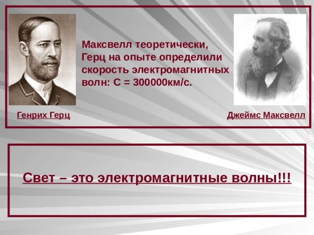 Максвелл теоретически, Герц на опыте определили скорость электромагнитных волн: С = 300000км/с. Генрих Герц Джеймс Максвелл Свет – это электромагнитные волны!!! 