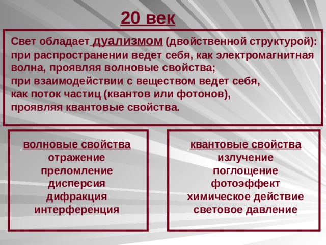 20 век Свет обладает дуализмом (двойственной структурой): при распространении ведет себя, как электромагнитная волна, проявляя волновые свойства; при взаимодействии с веществом ведет себя, как поток частиц (квантов или фотонов), проявляя квантовые свойства. волновые свойства квантовые свойства отражение излучение преломление поглощение фотоэффект дисперсия дифракция химическое действие интерференция световое давление 