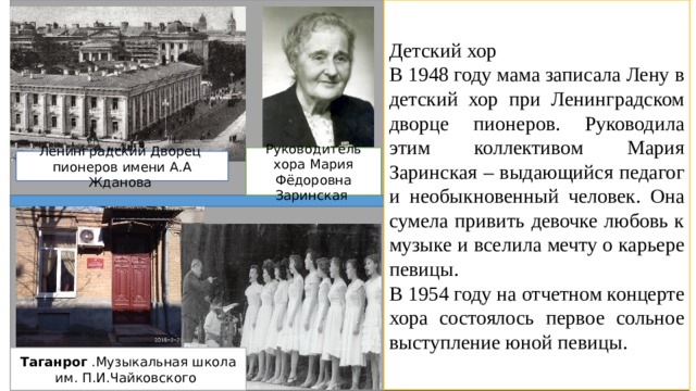 Детский хор В 1948 году мама записала Лену в детский хор при Ленинградском дворце пионеров. Руководила этим коллективом Мария Заринская – выдающийся педагог и необыкновенный человек. Она сумела привить девочке любовь к музыке и вселила мечту о карьере певицы. В 1954 году на отчетном концерте хора состоялось первое сольное выступление юной певицы. Руководитель хора Мария Фёдоровна Заринская Ленинградский Дворец пионеров имени А.А Жданова Таганрог .Музыкальная школа им. П.И.Чайковского 