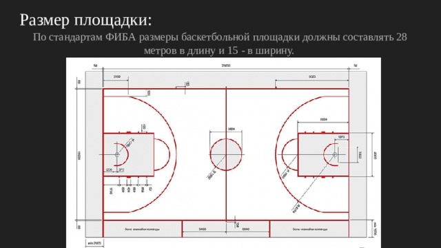 Размер площадки: По стандартам ФИБА размеры баскетбольной площадки должны составлять 28 метров в длину и 15 - в ширину. 
