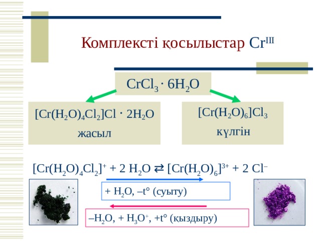 Комплексті қосылыстар  Cr III CrCl 3 · 6H 2 O [Cr(H 2 O) 4 Cl 2 ]Cl  · 2H 2 O жасыл [Cr(H 2 O) 6 ]Cl 3  күлгін [Cr(H 2 O) 4 Cl 2 ] + + 2  H 2 O    [Cr(H 2 O) 6 ] 3+ + 2 Cl – + H 2 O, – t ° ( суыту ) – H 2 O, + H 3 O + , + t ° ( қыздыру ) 