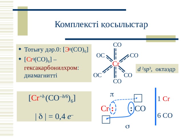 Комплексті қосылыстар CO Тотығу дәр.0: [ Э 0 (CO) 6 ] [ Cr 0 (CO) 6 ]  – гексакарбонилхром : диамагнитті OC CO Cr d 2 sp 3 , октаэдр CO OC CO  [ Cr +   (CO –  /6 ) 6 ]  |  | = 0,4 e – 1 Cr Cr : : CO 6 CO  