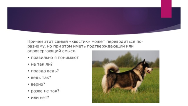 Причем этот самый «хвостик» может переводиться по-разному, но при этом иметь подтверждающий или опровергающий смысл. • правильно я понимаю? • не так ли? • правда ведь? • ведь так? • верно? • разве не так? • или нет? 