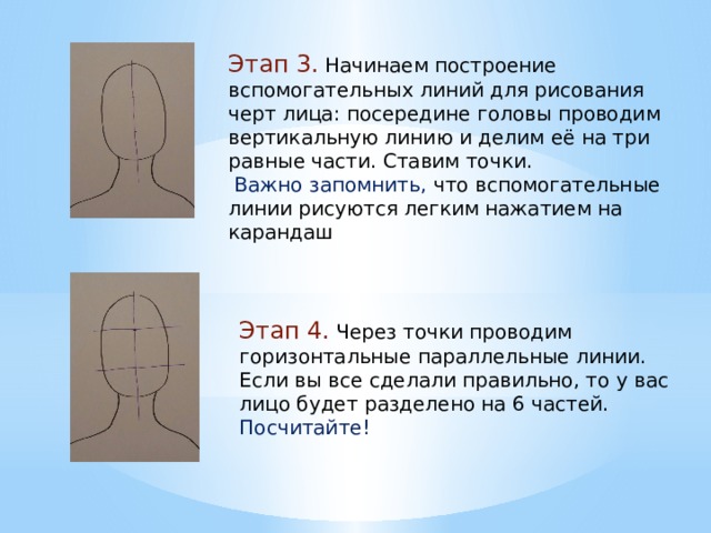 Этап 3.  Начинаем построение вспомогательных линий для рисования черт лица: посередине головы проводим вертикальную линию и делим её на три равные части. Ставим точки.  Важно запомнить, что вспомогательные линии рисуются легким нажатием на карандаш Этап 4.  Через точки проводим горизонтальные параллельные линии. Если вы все сделали правильно, то у вас лицо будет разделено на 6 частей. Посчитайте! 