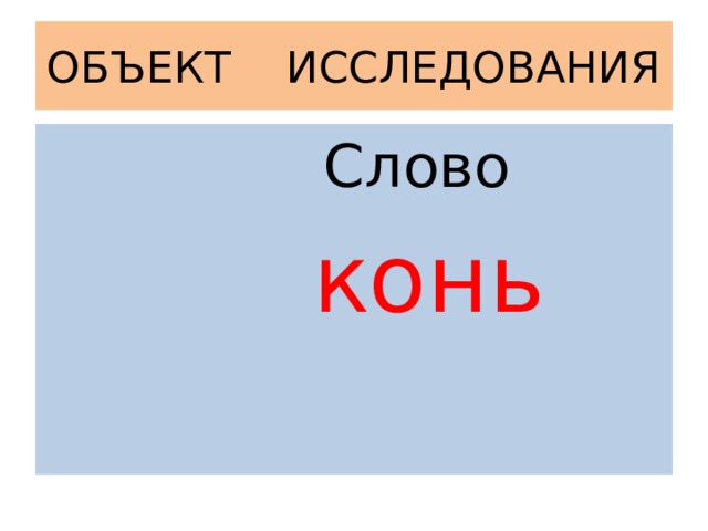 ОБЪЕКТ ИССЛЕДОВАНИЯ  Слово  конь 