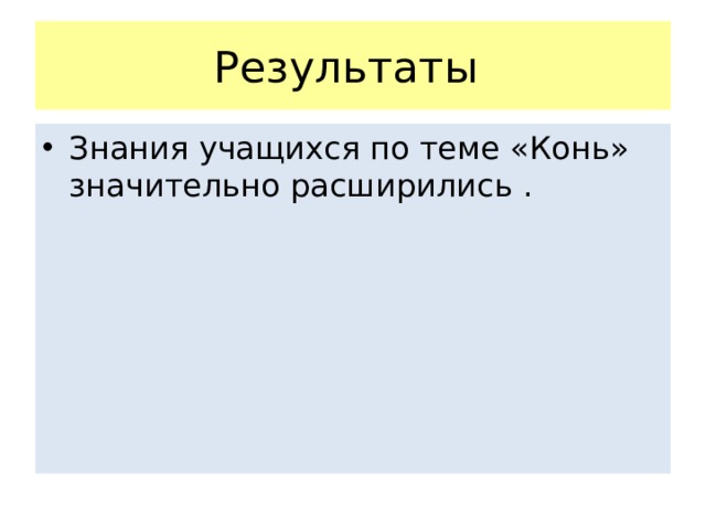 Результаты Знания учащихся по теме «Конь» значительно расширились . 