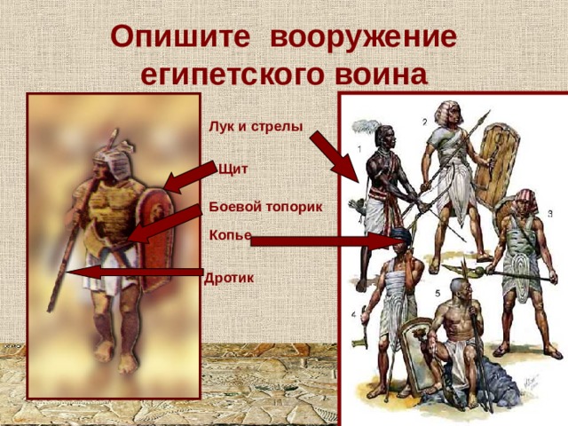 Опишите вооружение египетского воина Лук и стрелы Щит Боевой топорик Копье Дротик 
