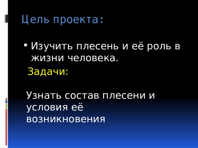 Цель проекта: Изучить плесень и её роль в жизни человека. Задачи:  Узнать состав плесени и условия её возникновения 
