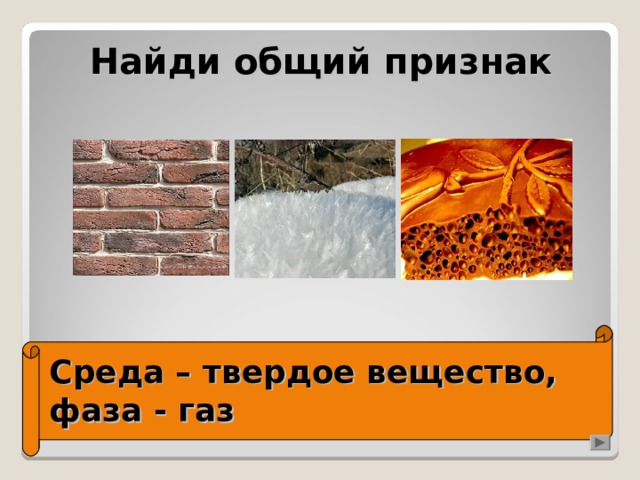 Найди общий признак Среда – твердое вещество,  фаза - газ 