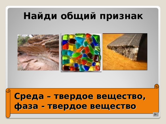 Найди общий признак Среда – твердое вещество,  фаза - твердое вещество 