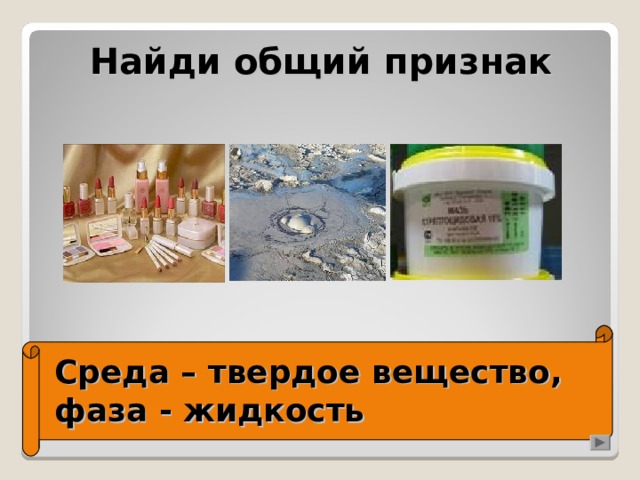 Найди общий признак Среда – твердое вещество,  фаза - жидкость 