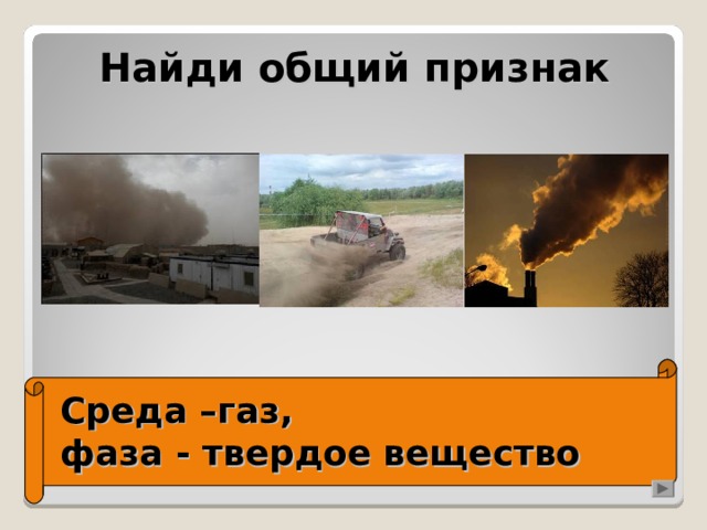 Найди общий признак Среда –газ,  фаза - твердое вещество  