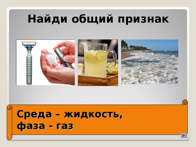 Найди общий признак Среда – жидкость,  фаза - газ 