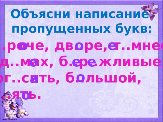 Объясни написание пропущенных букв: К..роче, дв..ре, т..мнеет, о о е в д..мах, б..р..жливые, пог..сить, б..льшой, ст..ять. о е е о а о 