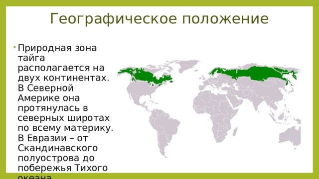 Географическое положение Природная зона тайга располагается на двух континентах. В Северной Америке она протянулась в северных широтах по всему материку. В Евразии – от Скандинавского полуострова до побережья Тихого океана.    