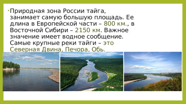 Природная зона России тайга, занимает самую большую площадь. Ее длина в Европейской части – 800 км. , в Восточной Сибири – 2150 км . Важное значение имеет водное сообщение. Самые крупные реки тайги – это Северная Двина, Печора, Обь.    