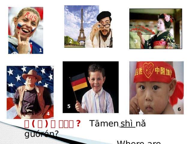 2 3 1 5 6 4 5 他 ( 她 ) 是 哪国人 ? Tāmen  shì nǎ guórén?  Where are they from 