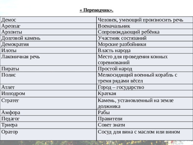 « Переводчик». Демос Человек, умеющий произносить речь Ареопаг Военачальник Архонты Долговой камень Сопровождающий ребёнка Участник состязаний Демократия Морские разбойники Илоты Власть народа Лаконичная речь Место для проведения конных соревнований Пираты Простой народ Полис Мелкосидящий военный корабль с тремя рядами вёсел Атлет Город – государство Ипподром Краткая Стратег Камень, установленный на земле должника Амфора Рабы Педагог Правители Триера Совет знати Оратор Сосуд для вина с маслом или вином 