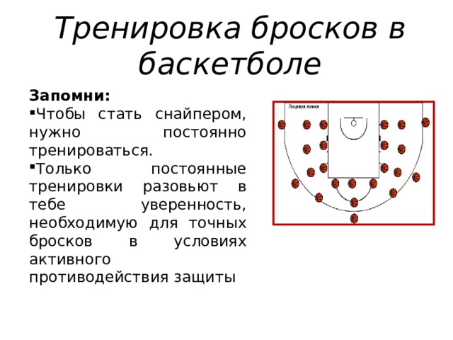 Тренировка бросков в баскетболе Запомни: Чтобы стать снайпером, нужно постоянно тренироваться. Только постоянные тренировки разовьют в тебе уверенность, необходимую для точных бросков в условиях активного противодействия защиты 