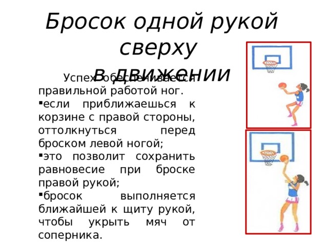 Бросок одной рукой сверху в движении  Успех обеспечивается правильной работой ног. если приближаешься к корзине с правой стороны, оттолкнуться перед броском левой ногой; это позволит сохранить равновесие при броске правой рукой; бросок выполняется ближайшей к щиту рукой, чтобы укрыть мяч от соперника. 