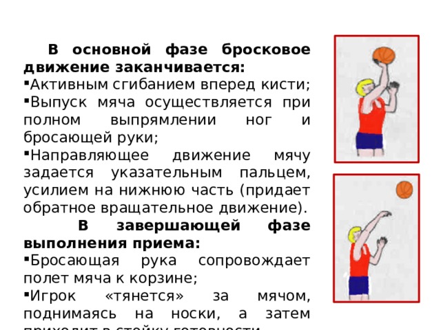  В основной фазе бросковое движение заканчивается: Активным сгибанием вперед кисти; Выпуск мяча осуществляется при полном выпрямлении ног и бросающей руки; Направляющее движение мячу задается указательным пальцем, усилием на нижнюю часть (придает обратное вращательное движение).  В завершающей фазе выполнения приема: Бросающая рука сопровождает полет мяча к корзине; Игрок «тянется» за мячом, поднимаясь на носки, а затем приходит в стойку готовности. 