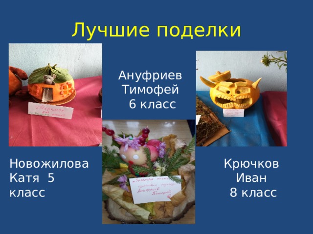 Лучшие поделки Ануфриев Тимофей  6 класс Новожилова Катя 5 класс Крючков Иван  8 класс 
