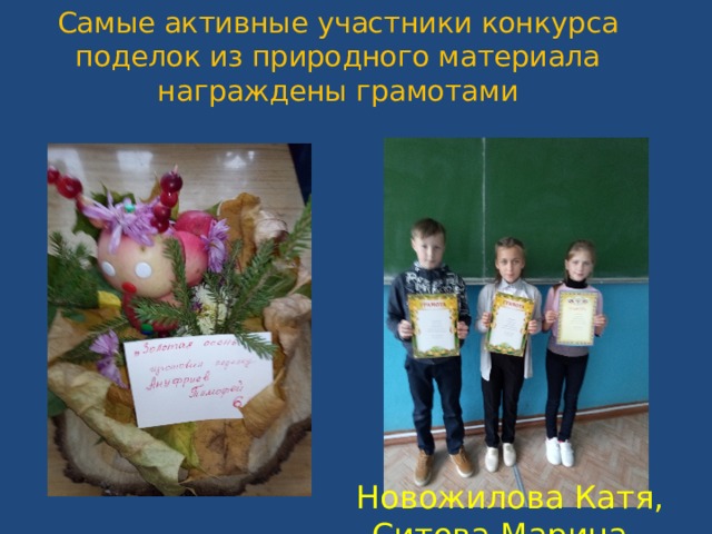 Самые активные участники конкурса поделок из природного материала награждены грамотами Новожилова Катя, Ситова Марина, Новичков Миша 