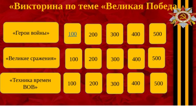 «Викторина по теме «Великая Победа «Герои войны» 500 400 300 200 «Великие сражения» 500 200 100 300 400 400 «Техника времен ВОВ» 500 200 100 300 