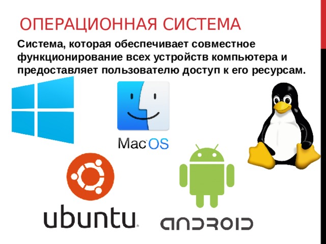 Операционная система Система, которая обеспечивает совместное функционирование всех устройств компьютера и предоставляет пользователю доступ к его ресурсам. 