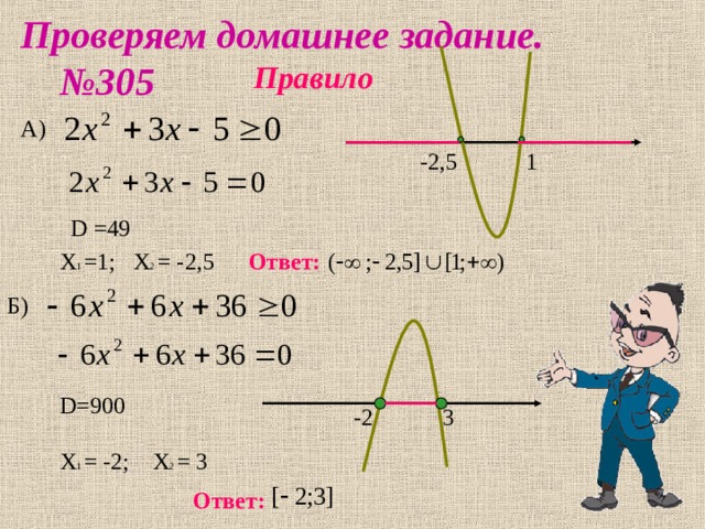 Проверяем домашнее задание. №305 Правило D =49 1 2 Ответ: D= 900 1 2 Ответ: 