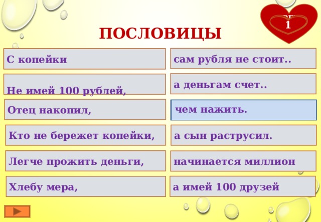 ВРЕМЯ 6 7 9 10 3 1 4 5 8 2 ПОСЛОВИЦЫ сам рубля не стоит.. Вода и огонь – хорошие слуги… С копейки  а деньгам счет..   Не имей 100 рублей, Отец накопил, чем нажить.  а сын раструсил. Кто не бережет копейки, Легче прожить деньги, начинается миллион а имей 100 друзей Хлебу мера, 