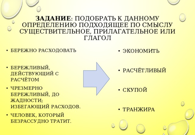 ЗАДАНИЕ : ПОДОБРАТЬ К ДАННОМУ ОПРЕДЕЛЕНИЮ ПОДХОДЯЩЕЕ ПО СМЫСЛУ СУЩЕСТВИТЕЛЬНОЕ, ПРИЛАГАТЕЛЬНОЕ ИЛИ ГЛАГОЛ БЕРЕЖНО РАСХОДОВАТЬ  БЕРЕЖЛИВЫЙ, ДЕЙСТВУЮЩИЙ С РАСЧЁТОМ ЧРЕЗМЕРНО БЕРЕЖЛИВЫЙ, ДО ЖАДНОСТИ; ИЗБЕГАЮЩИЙ РАСХОДОВ. ЧЕЛОВЕК, КОТОРЫЙ БЕЗРАССУДНО ТРАТИТ.  ЭКОНОМИТЬ  РАСЧЁТЛИВЫЙ  СКУПОЙ  ТРАНЖИРА  