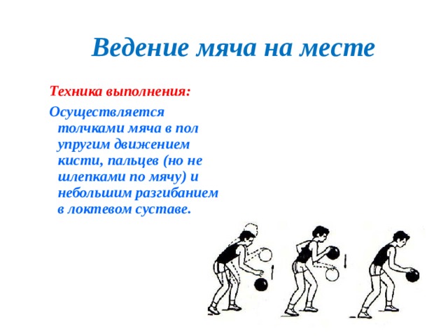 Ведение мяча на месте Техника выполнения: Осуществляется толчками мяча в пол упругим движением кисти, пальцев (но не шлепками по мячу) и небольшим разгибанием в локтевом суставе. 