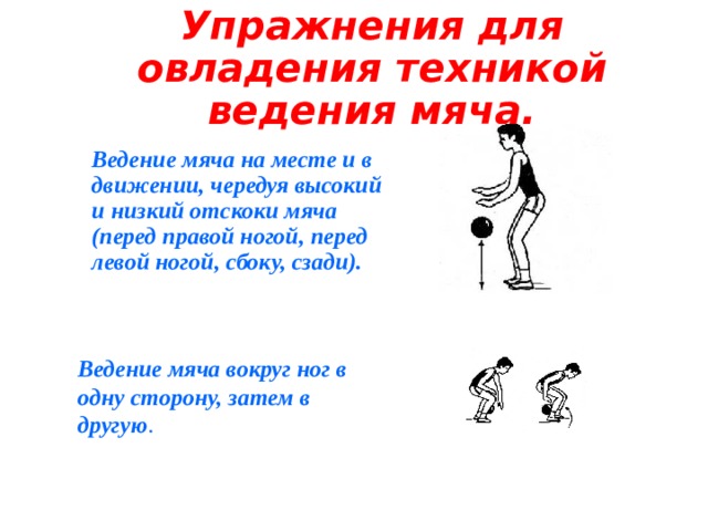 Упражнения для овладения техникой ведения мяча. Ведение мяча на месте и в движении, чередуя высокий и низкий отскоки мяча (перед правой ногой, перед левой ногой, сбоку, сзади). Ведение мяча вокруг ног в одну сторону, затем в другую . 