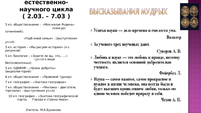 НЕДЕЛЯ  естественно-научного цикла  ( 2.03. – 7.03 )   5 кл. обществознание - «Моя малая Родина»  (конкурс сочинений);   «Герб моей семьи» (выступления уч-ся). 5 кл. история – «Мы рисуем историю» (к-с рисунков) 5 кл. биология – «Знаете ли вы, что……»  (уч-ся о мире беспозвоночных) 5 кл. ОДНКНР – «Уроки доброты» (видеолекторий) 6 кл. обществознание – «Правовой турнир» 7 кл. география – «Знатоки географии» 7 кл. обществознание – «Реклама – двигатель торговли» - (выступления уч-ся) 10 кл. география – «Знатоки географической карты. Города и страны мира».    Учитель: М.А.Буханова 