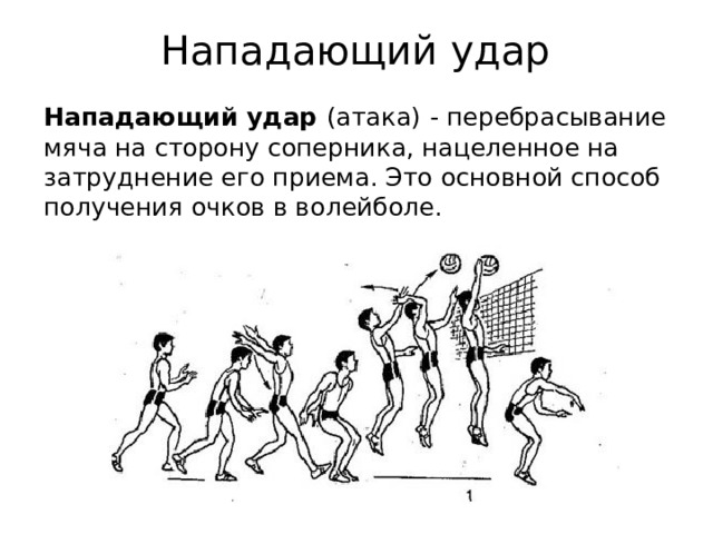 Нападающий удар Нападающий удар (атака)  - перебрасывание мяча на сторону соперника, нацеленное на затруднение его приема. Это основной способ получения очков в волейболе. 