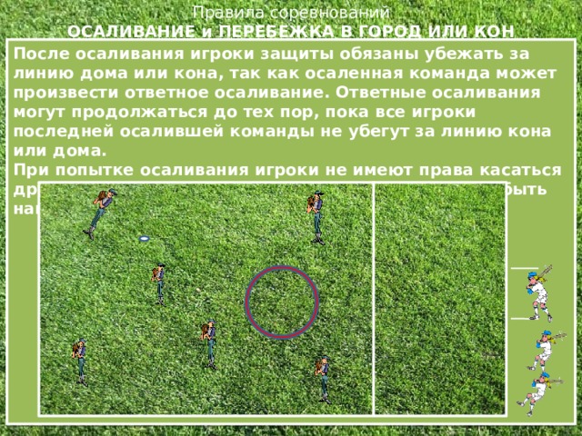 Правила соревнований  ОСАЛИВАНИЕ и ПЕРЕБЕЖКА В ГОРОД ИЛИ КОН   После осаливания игроки защиты обязаны убежать за линию дома или кона, так как осаленная команда может произвести ответное осаливание. Ответные осаливания могут продолжаться до тех пор, пока все игроки последней осалившей команды не убегут за линию кона или дома.  При попытке осаливания игроки не имеют права касаться друг друга, в противном случае нарушители могут быть наказаны  